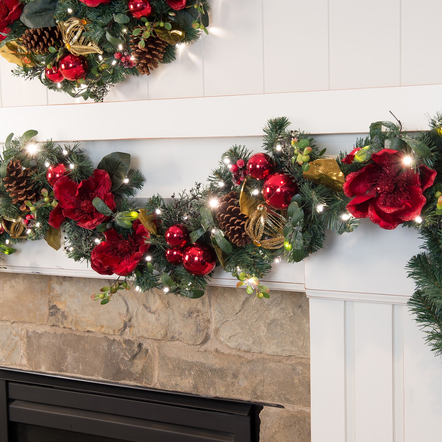 9 ft. Artificial Christmas Garland with Lights - Red Magnolia