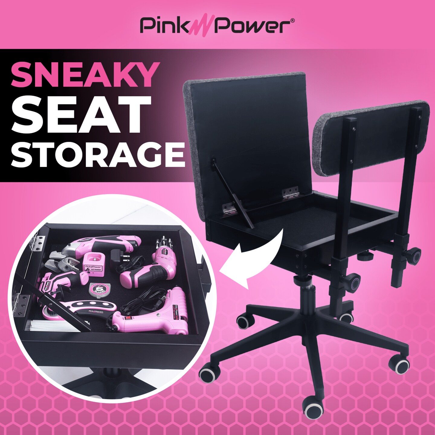 Pink Power Sewing Chair with Wheels and Adjustable Back Support - Hydraulic Armless Sewing Machine Chair for Crafting, Quilting - Sewing Room Furniture -Ergonomically Designed Professional Craft Chair