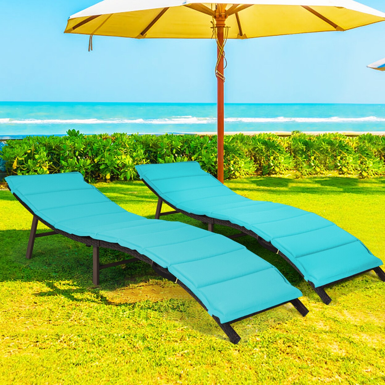 Gymax Set of 2 Folding Wicker Chaise Portable Lounge Chair w