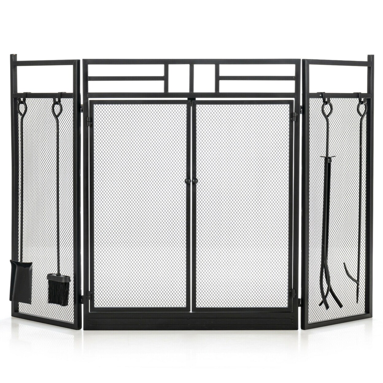 Gymax 3-Panel Folding Wrought Iron Fireplace Screen W/ Doors and 4 Pieces Tools Set