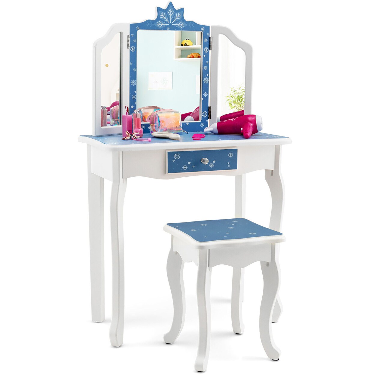 Gymax Kid Vanity Set Wooden Makeup Table Stool Tri-Folding Mirror Snowflake Print