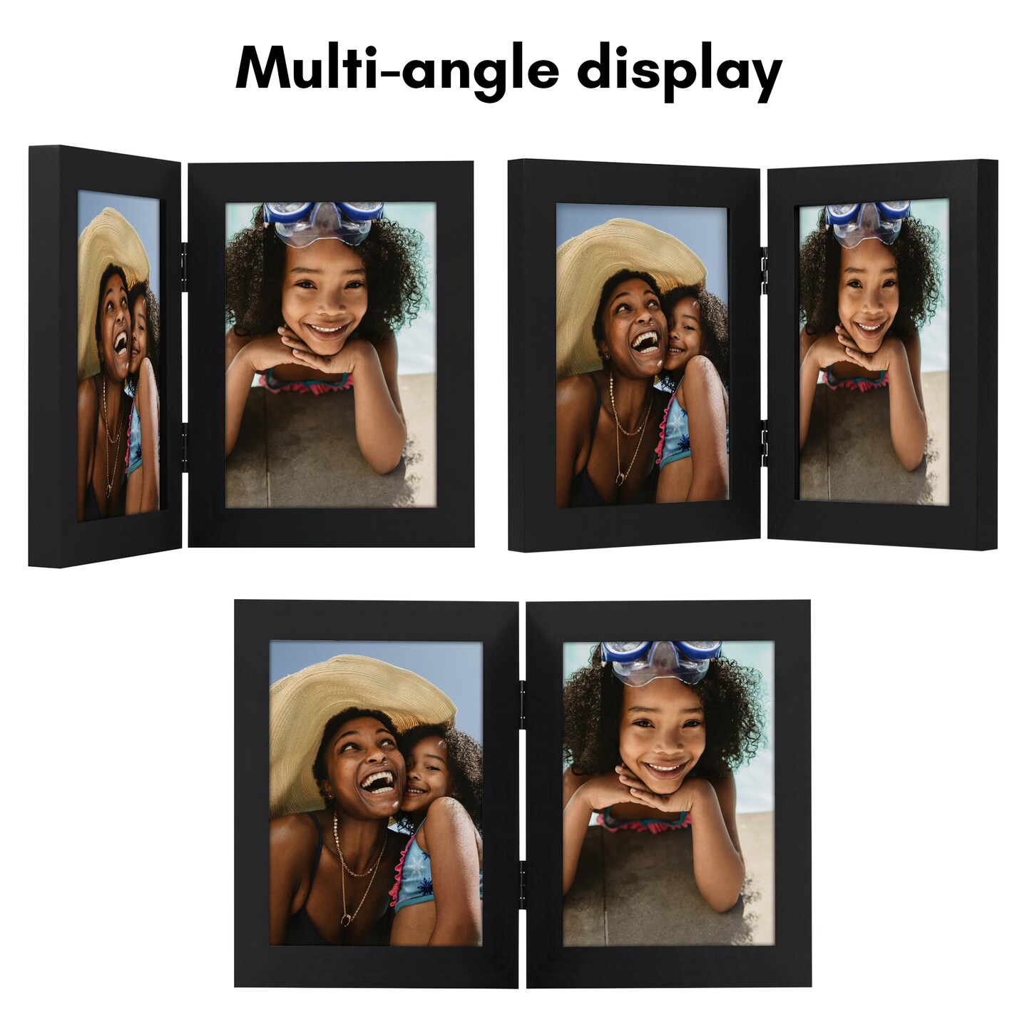 Americanflat Tri-Folding Picture Frame - Displays Two Photos at Once - Double Hinged Picture Frame - Shatter Resistant Glass - Tabletop Display Picture Frame - Black