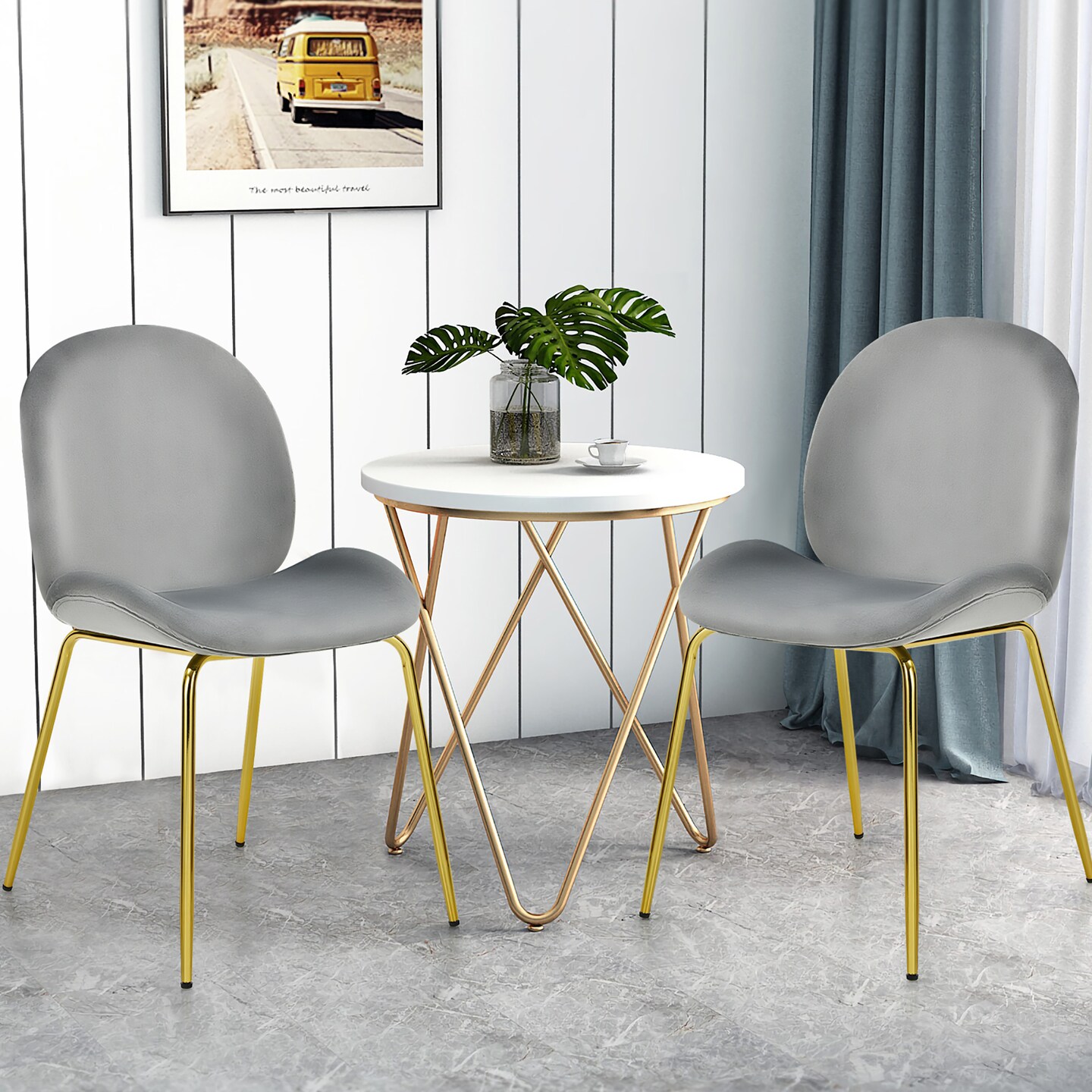 Costway Set of 2 Velvet Accent Chairs Dining Side Chairs w/Gold Metal Legs Pink/Beige/Green/Grey
