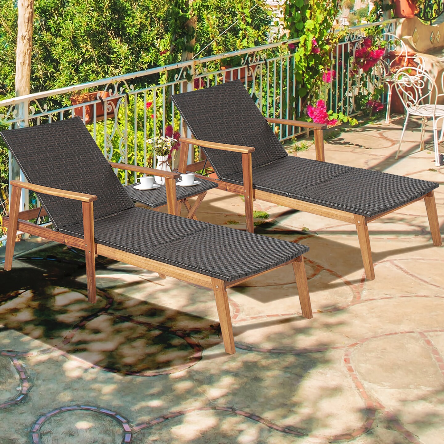 Costway 3PCS Patio Rattan Lounge Chair Chaise Set Wooden Frame Folding Table