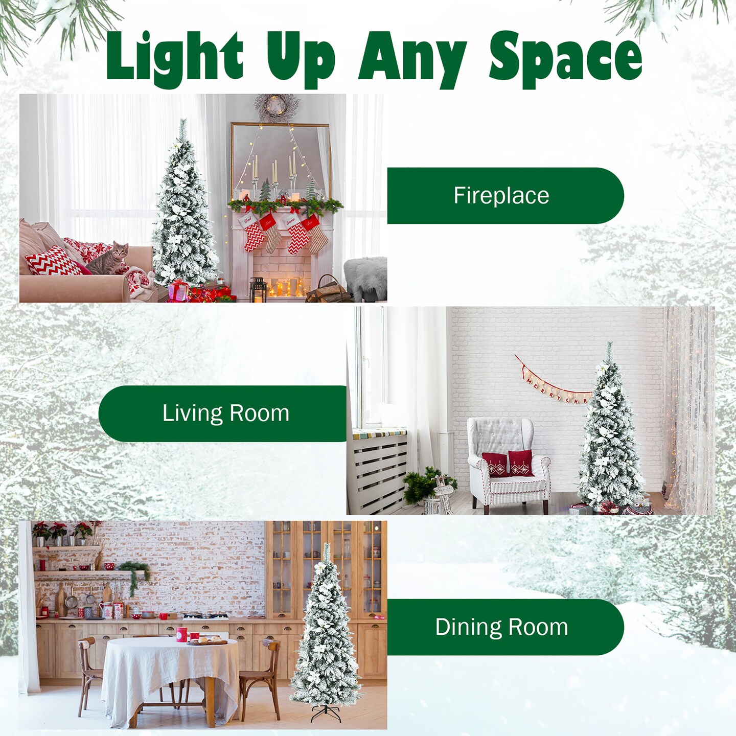 Costway 5ft/6ft/7ft/8ft Snow Flocked Christmas Pencil Tree w/ Berries &#x26; Poinsettia Flowers