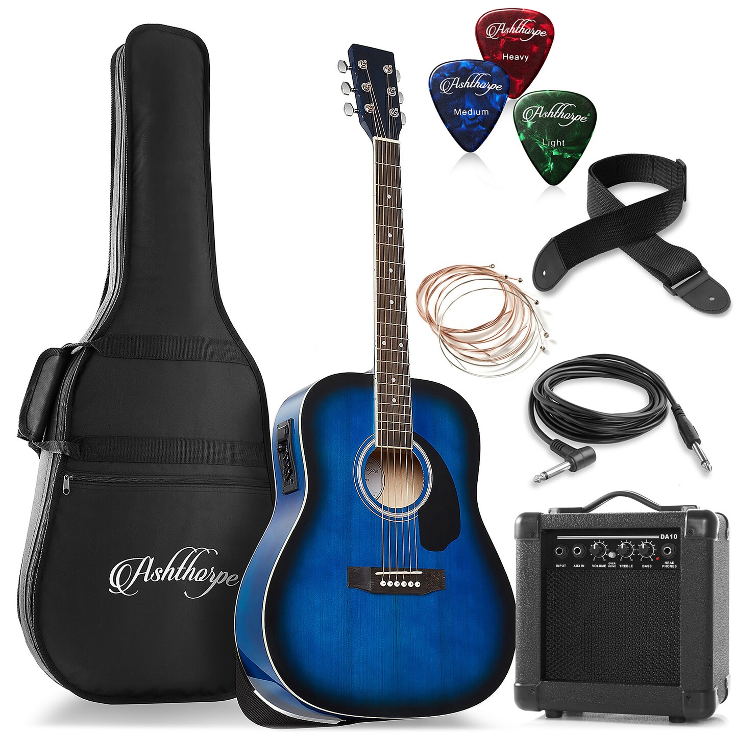 Ashthorpe Full-Size Dreadnought Acoustic Electric Guitar Package with 10 Watt Amp