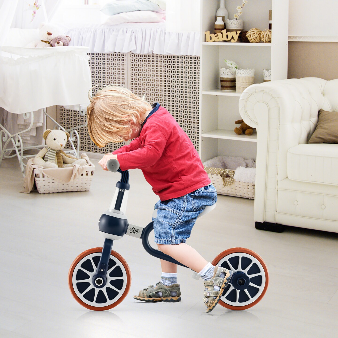 Costway 4 in 1 Kids Tricycles with Push Handle & Training Wheels Baby Balance Bike Navy/Pink