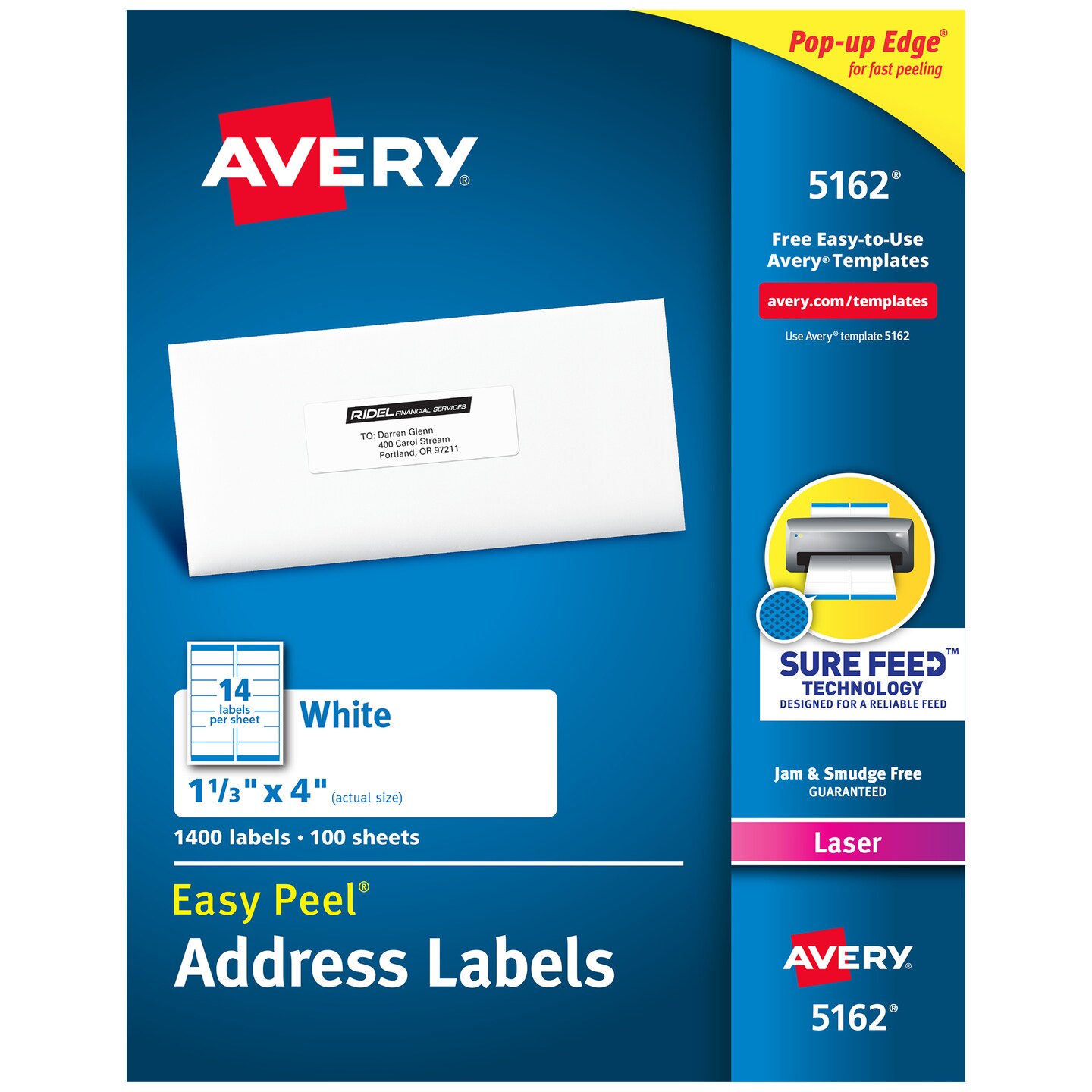 Avery Easy Peel Printable Address Labels with Sure Feed, 1-1/3&#x22; x 4&#x22;, White, 1,400 Blank Mailing Labels for Laser Printers (5162)