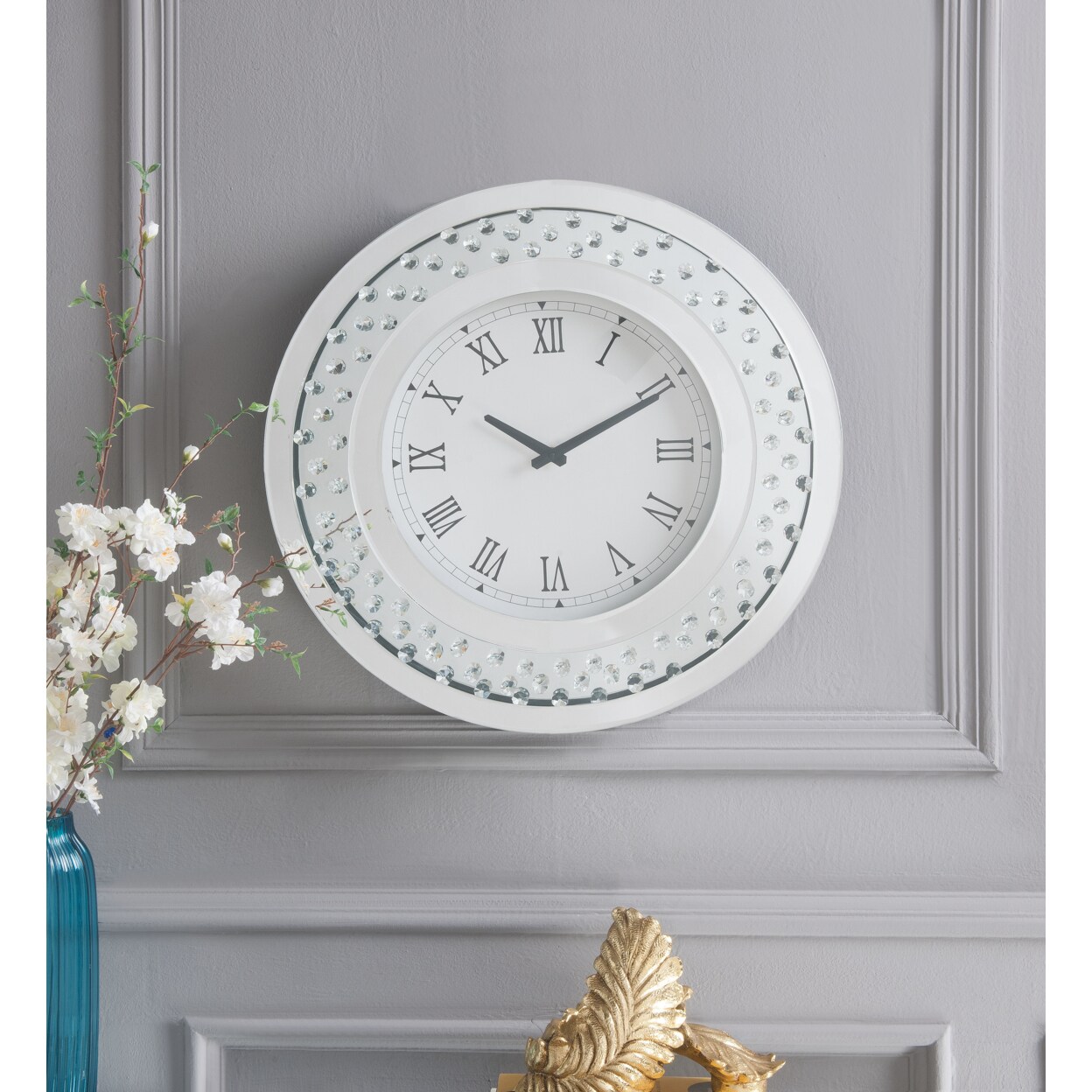 ACME 20 Inch Analog Wall Clock, Round Mirror Frame, Faux Crystals Inlay, White