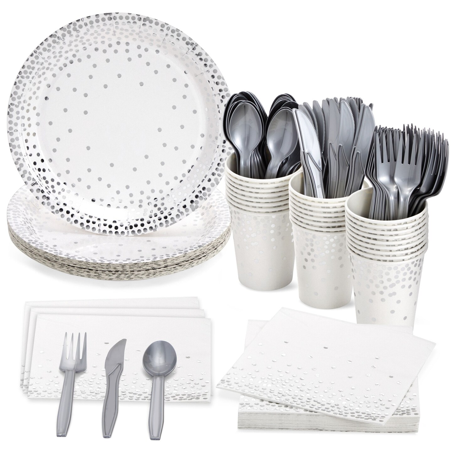 144 Piece Silver Party Supplies for Wedding, Birthday - Silver Table Decorations with Plates, Napkins, Cups, and Cutlery (Serves 24)