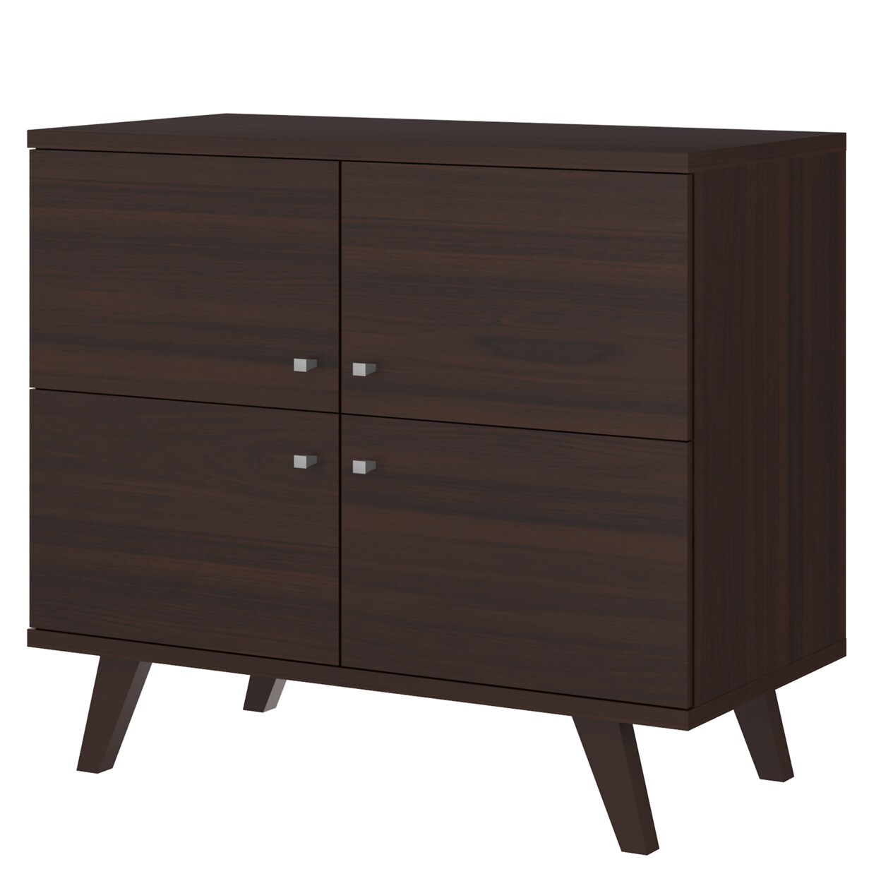 Saltoro Sherpi 35 Inch Handcrafted Wood Multipurpose Storage Cabinet Console, 4 Doors, Angled Legs, Dark Brown,