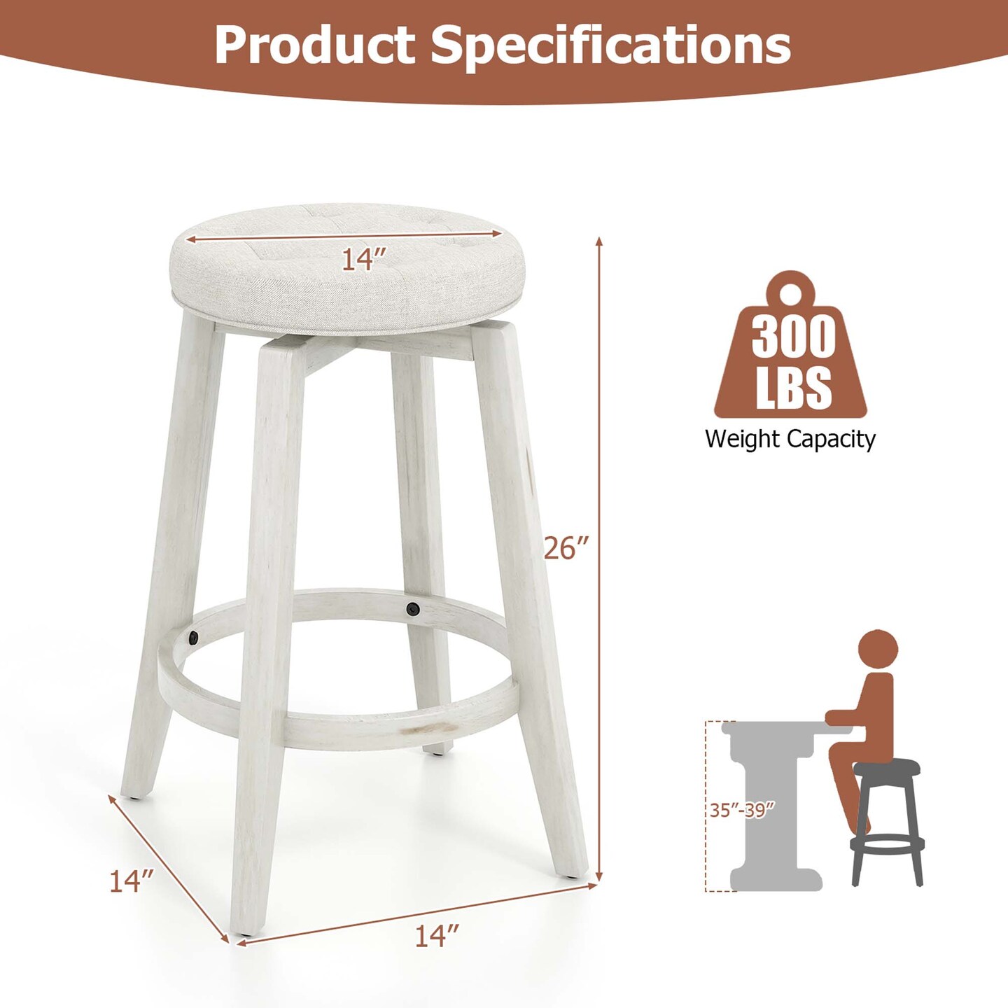 Costway 26"/30" Swivel Bar Stool Set of 2 Upholstered Counter/Bar Height Rubber Wood Frame Beige