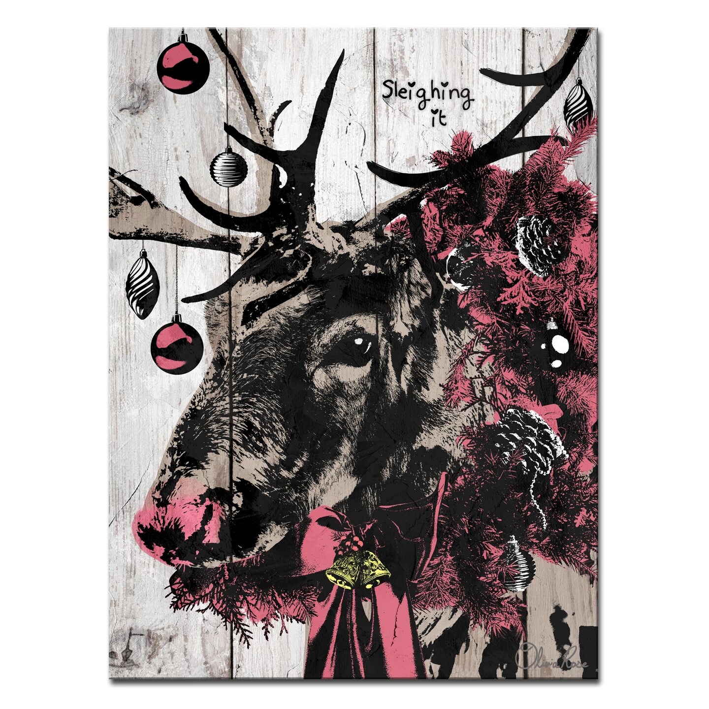 Crafted Creations Black and Pink Christmas Reindeer Rectangular Wall Art Decor 40&#x22; x 30&#x22;
