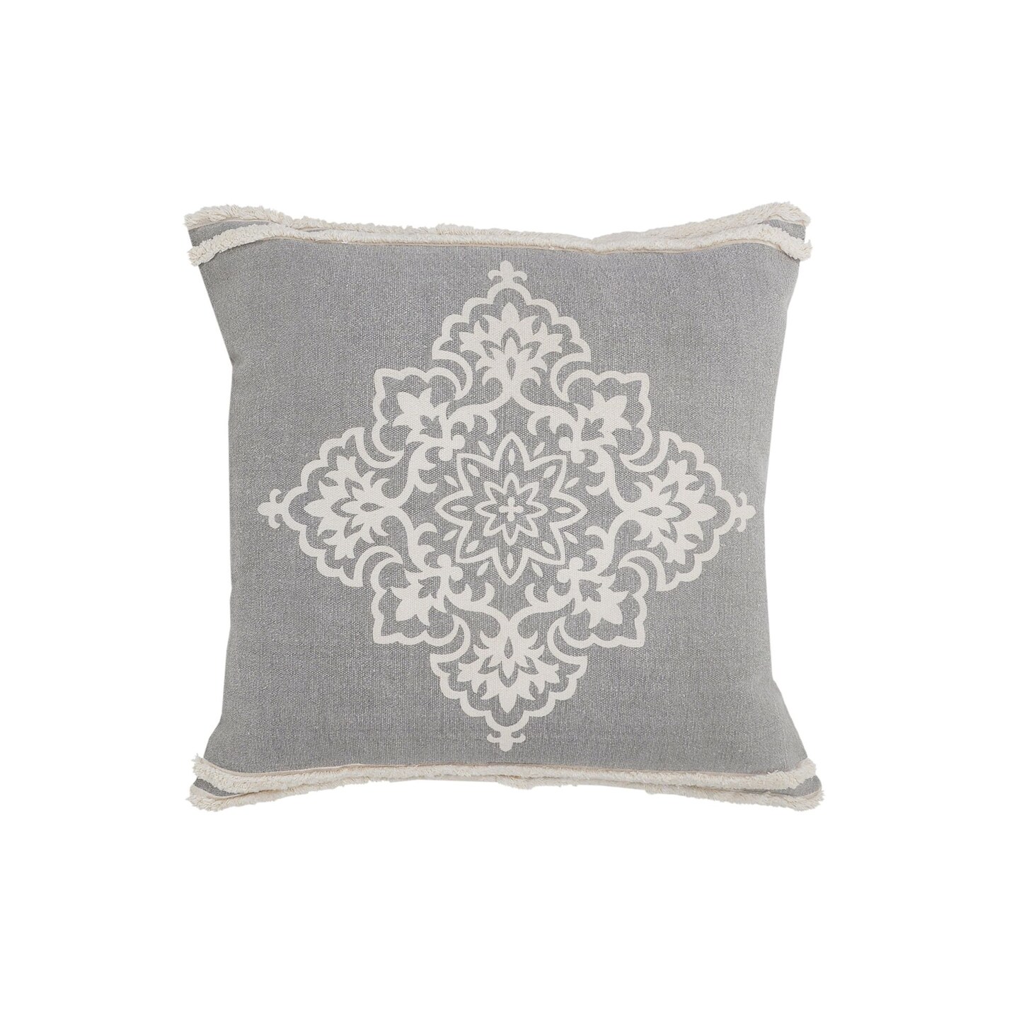 Laddha Home Designs 24" Gray and White Floral Medallion Square Throw Pillow