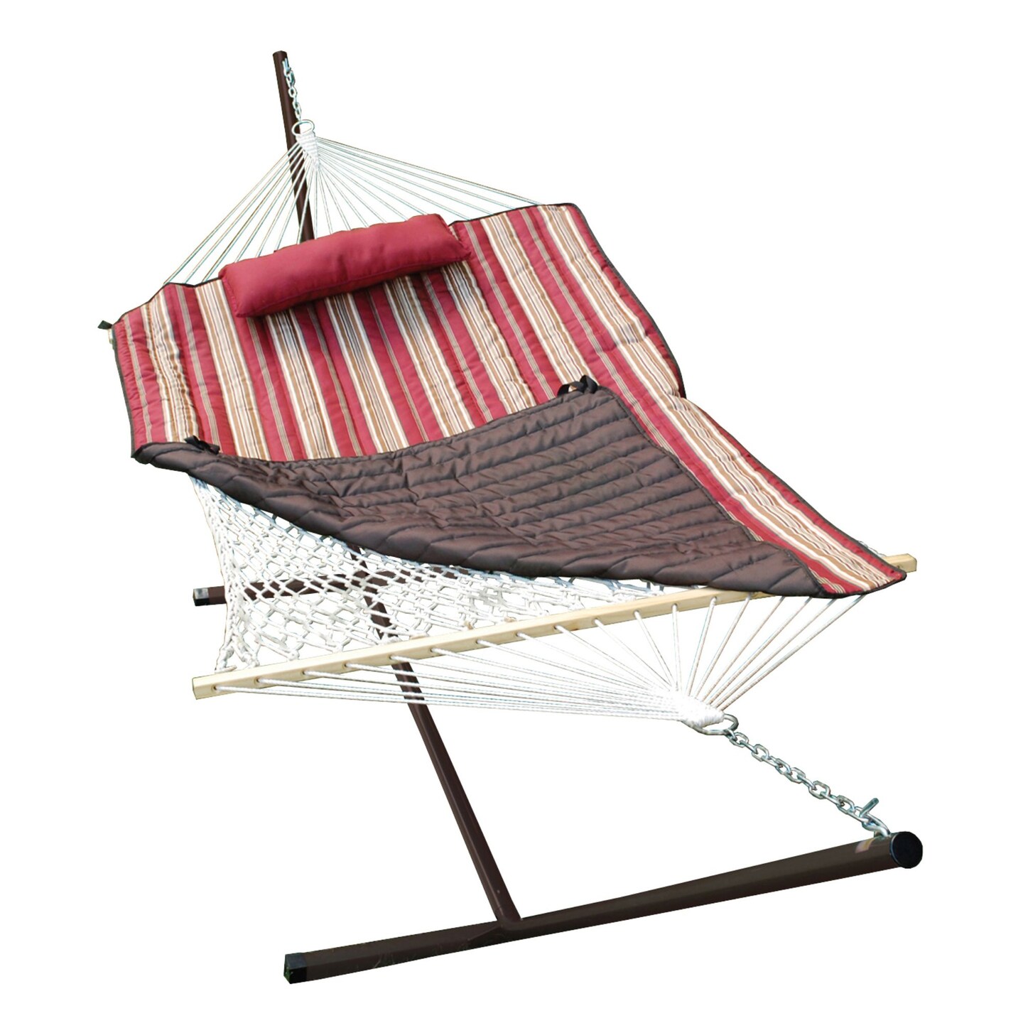 The Hamptons Collection 76&#x22; x 52&#x22; Cotton Rope Single 2-Point Hammock Stand/Red Pad and Pillow Combo