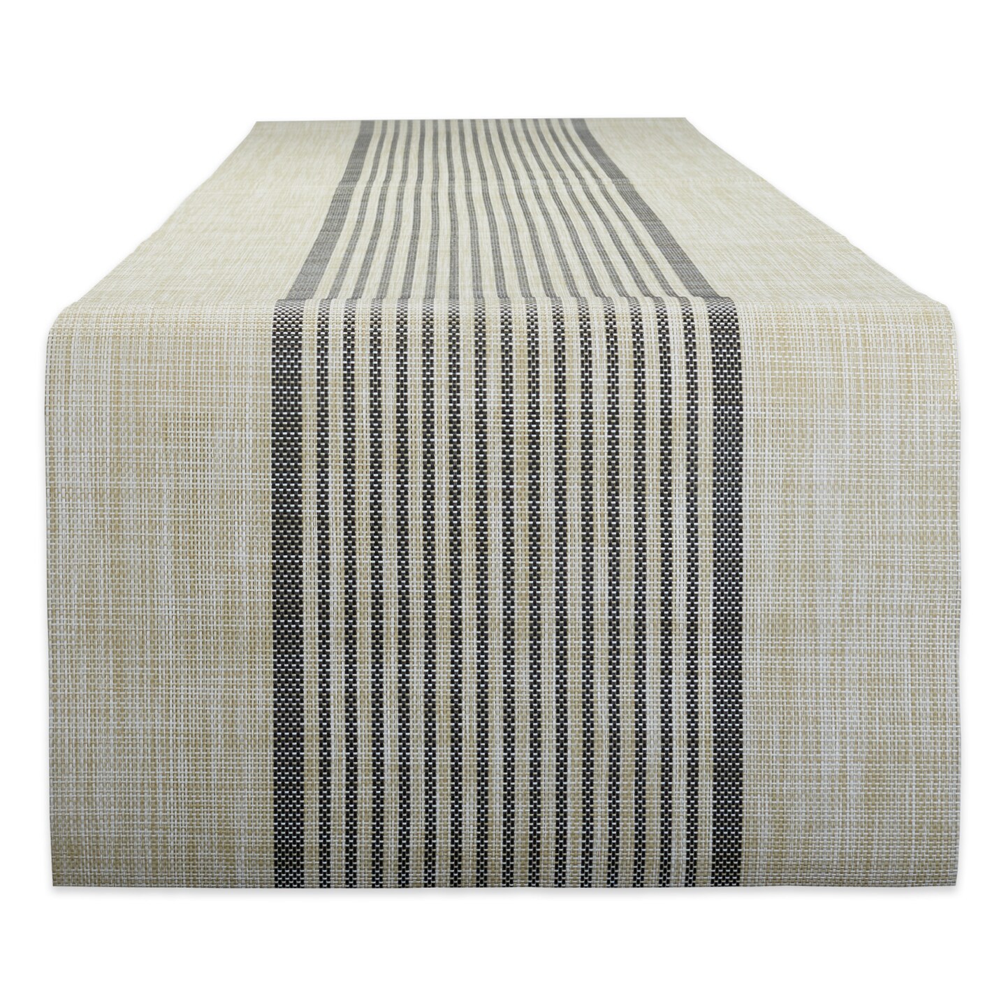 Contemporary Home Living 14&#x22; x 72&#x22; Black and Beige Middle Stripe PVC Woven Table Runner