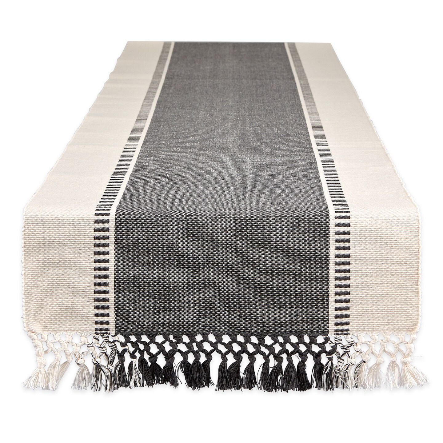 Contemporary Home Living Dobby Striped Cotton Table Runner with Tassels - 108" - Tan and Black