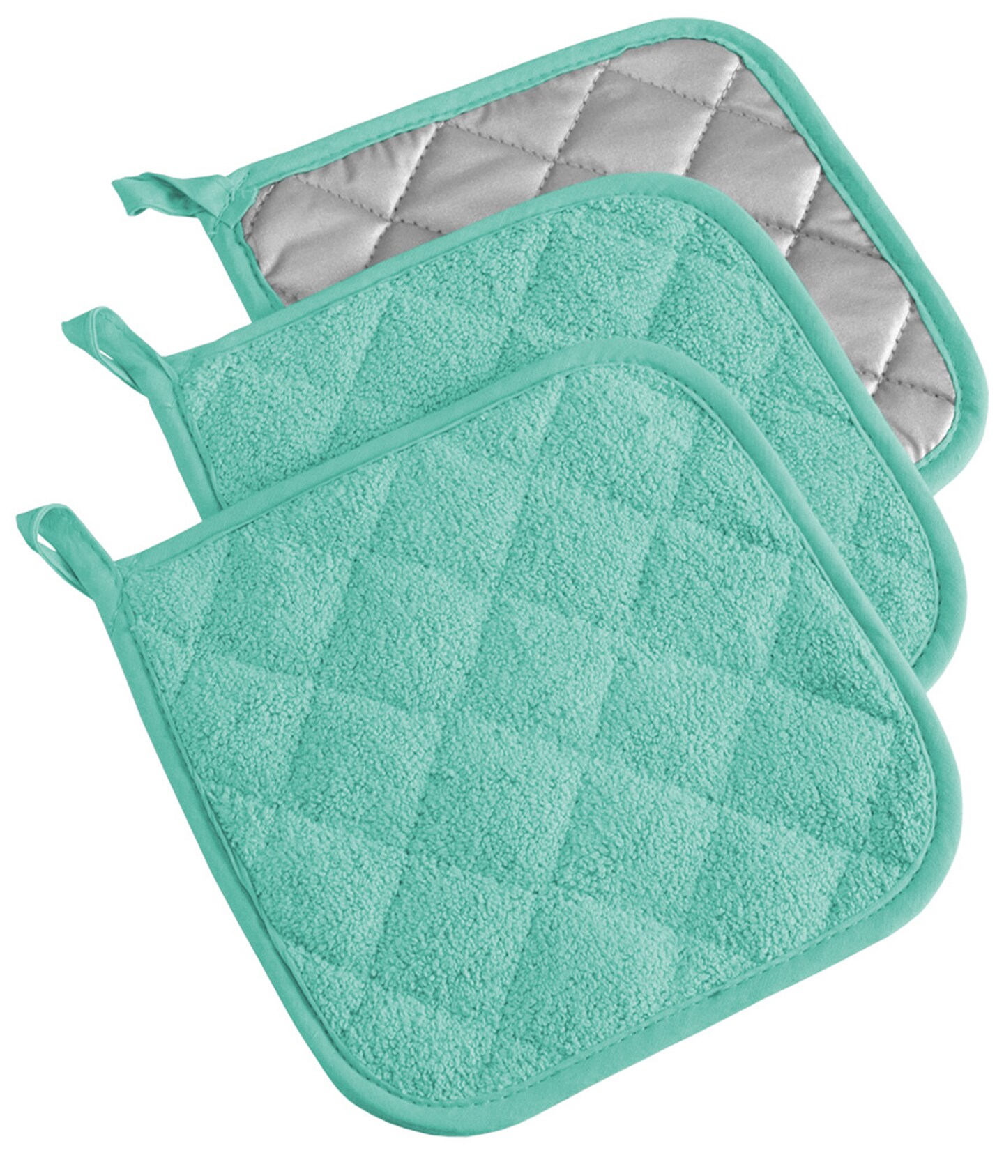 Contemporary Home Living Terry Cotton Kitchen Potholders - 7&#x22; - Aqua and Silver - Set of 3
