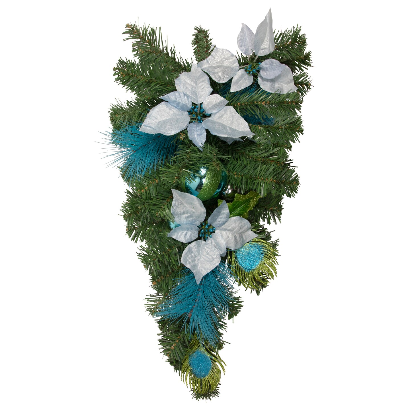 Northlight Peacock Feather and Poinsettia Artificial Christmas Teardrop Swag - 22&#x22; - Unlit