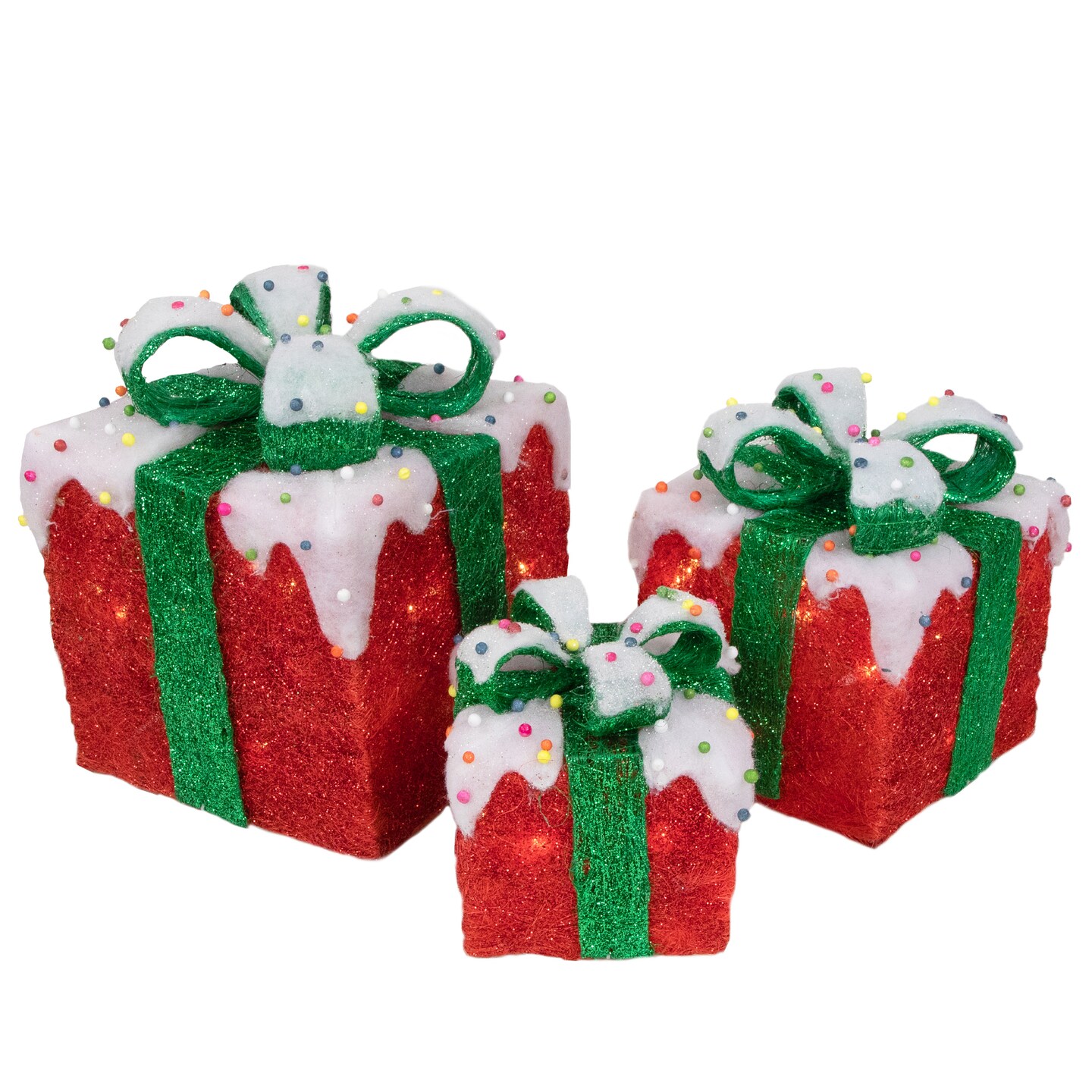 Northlight Lighted Snow and Candy Covered Sisal Gift Boxes Outdoor Christmas Decorations - Set of 3