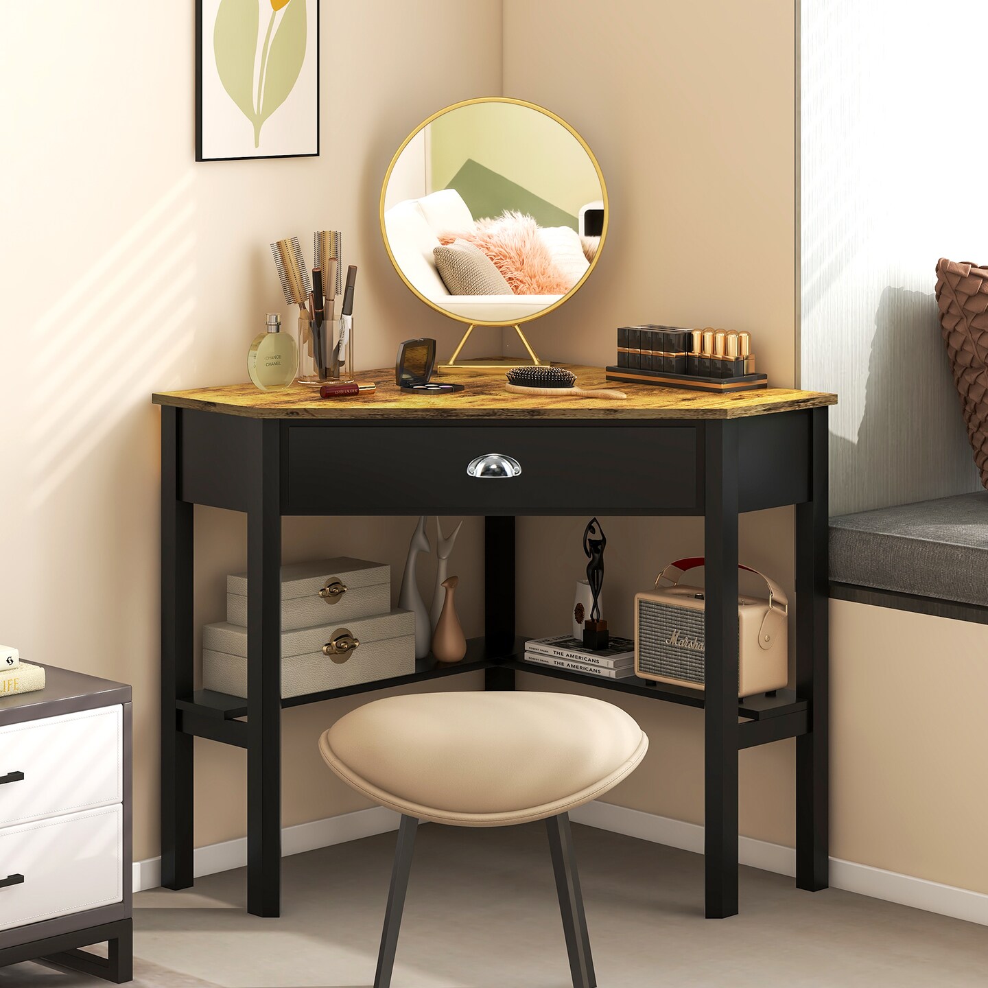 Wooden Corner Computer Desk with Big Storage Drawer and Two Open Shelves
