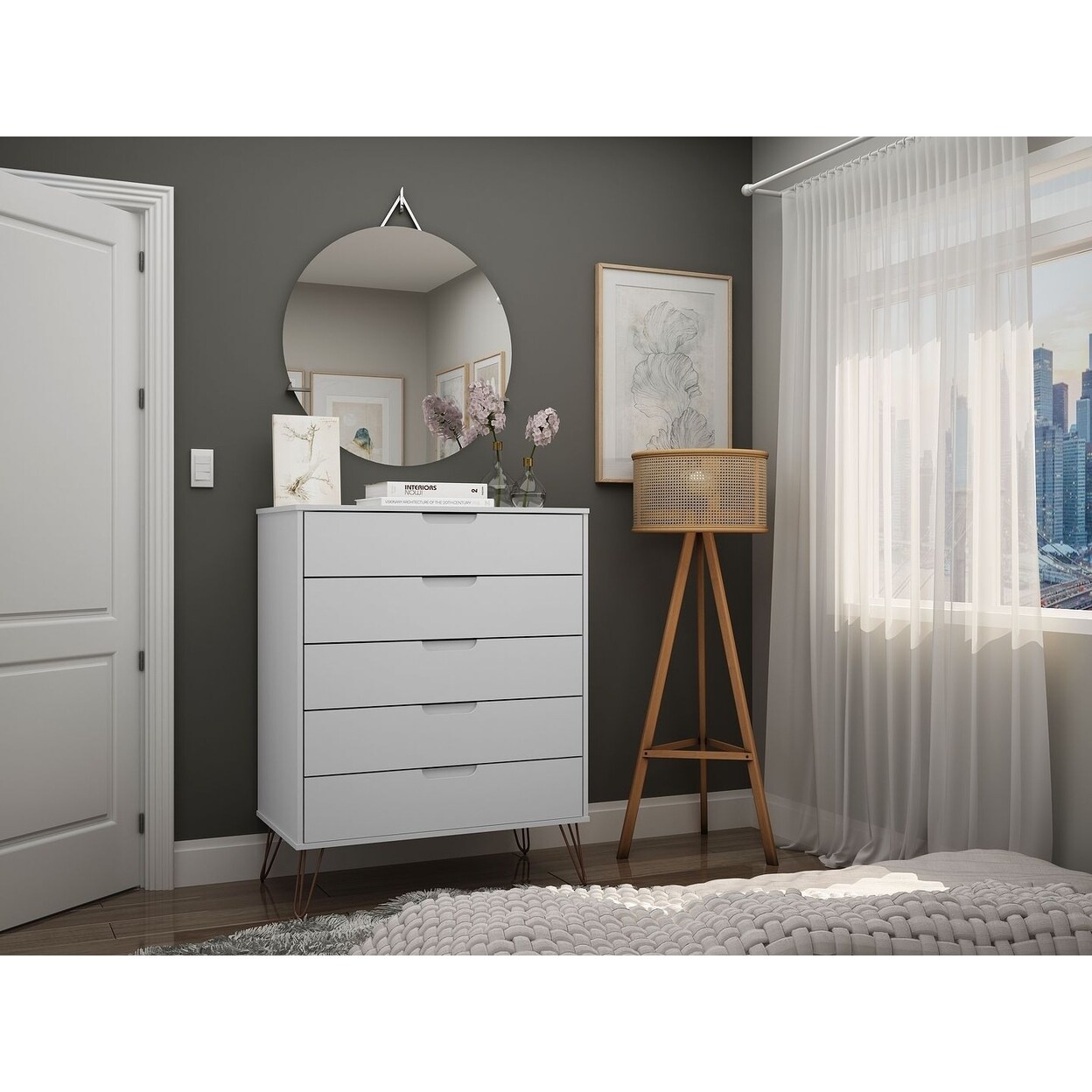 Manhattan Comfort Rockefeller 5-Drawer Tall Dresser with Metal Legs