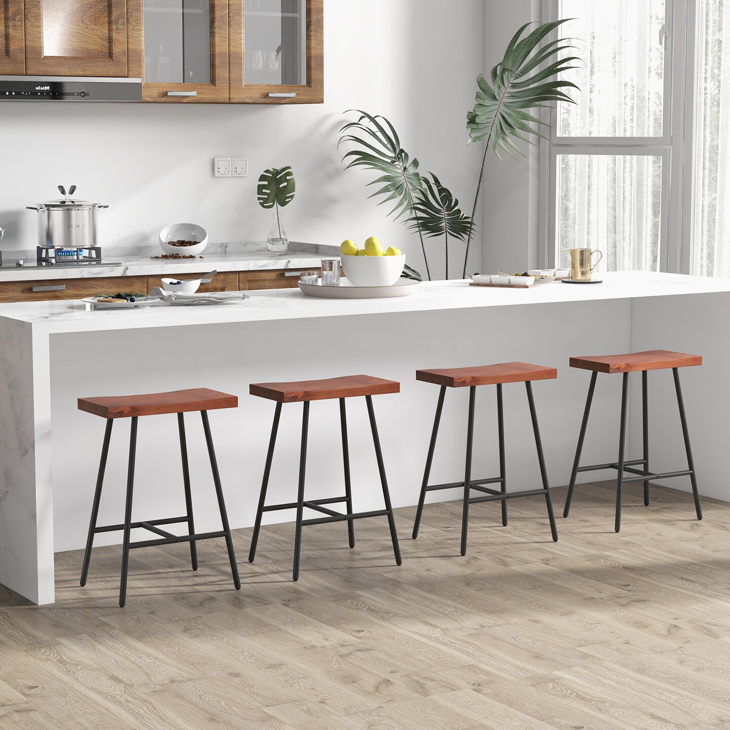 Costway Set of 2 Industrial Saddle Stool Counter Height Bar Stool Dining Pub Chair w/ Metal Frame