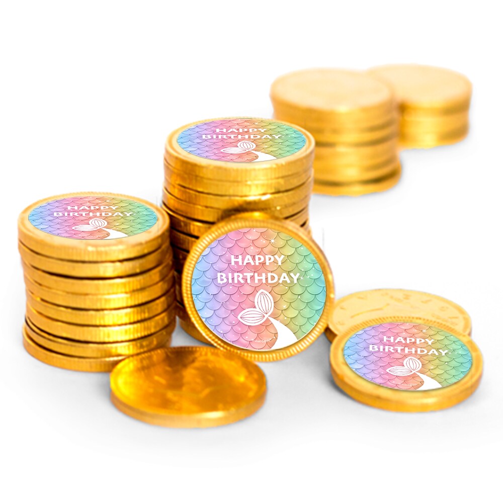 84ct Rainbow Mermaid Kid&#x27;s Birthday Candy Party Favors Chocolate Coins (84 Count) - Gold Foil - By Just Candy
