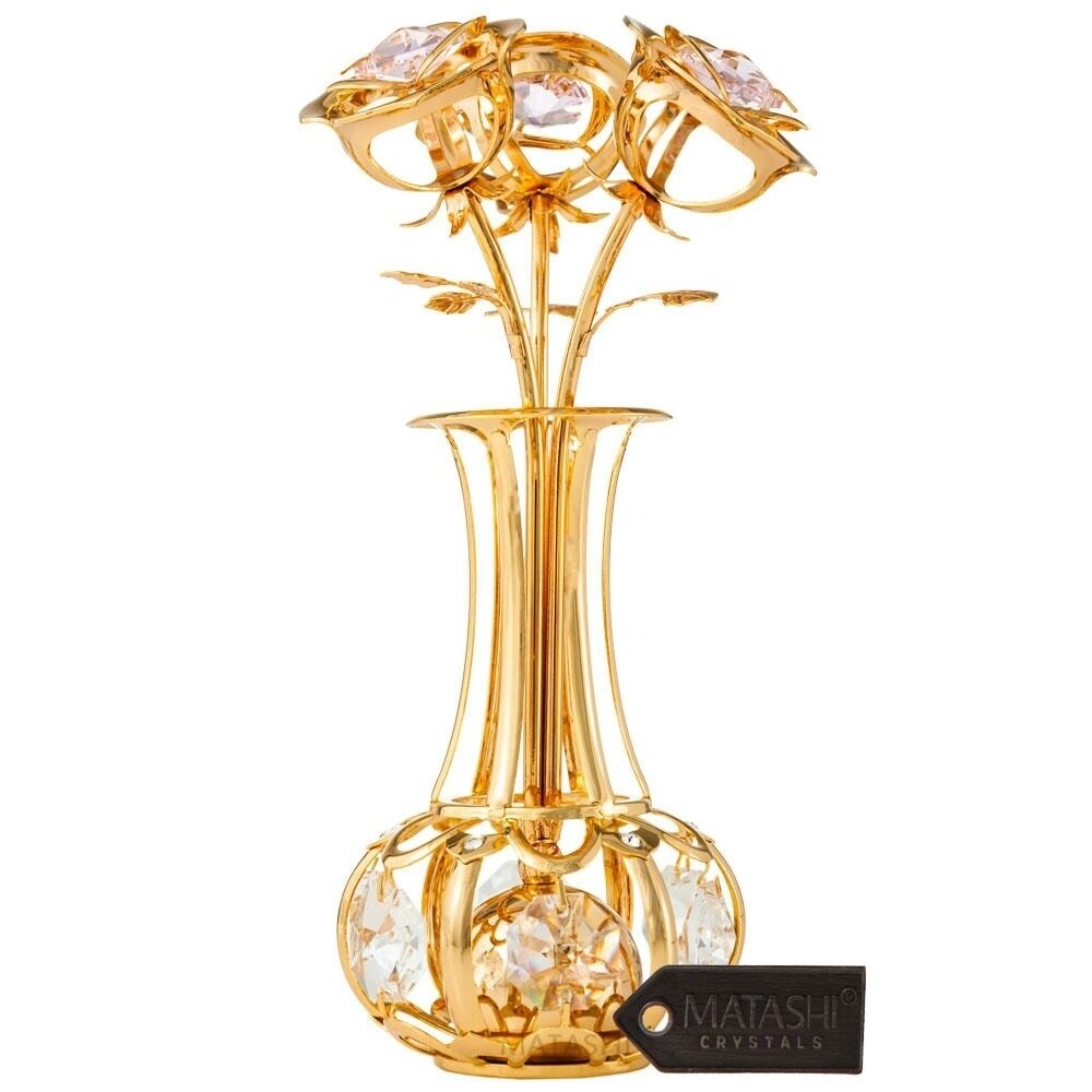 24K Gold Plated Flowers Bouquet And Vase W/ Pink And Clear Matashi Crystals 24K Gold-Plated Table Top Decorations