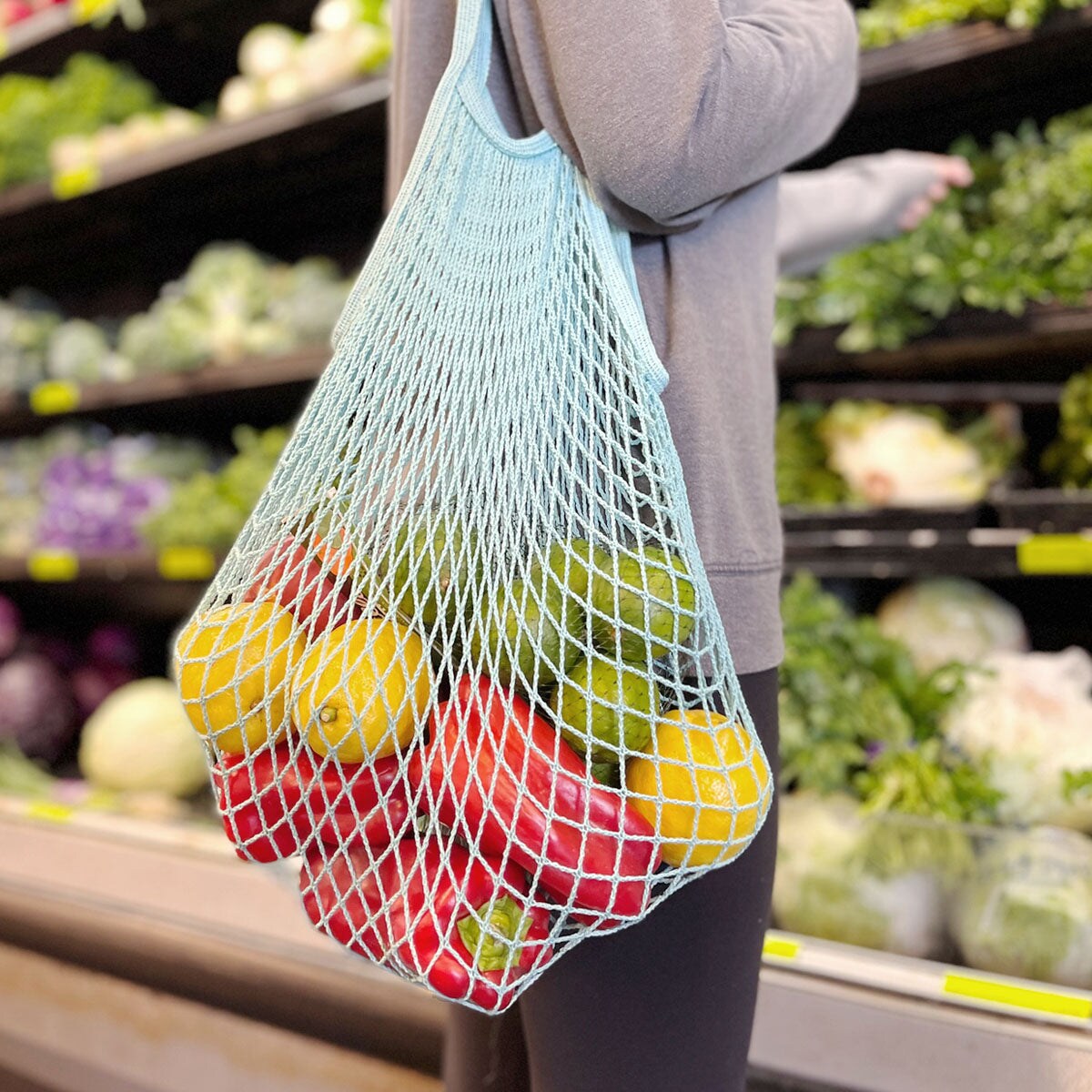 Wrapables Cotton Mesh Net Shopping Bag, Grocery Bag for Vegetables, Produce (Set of 3), Teal, Green, Black