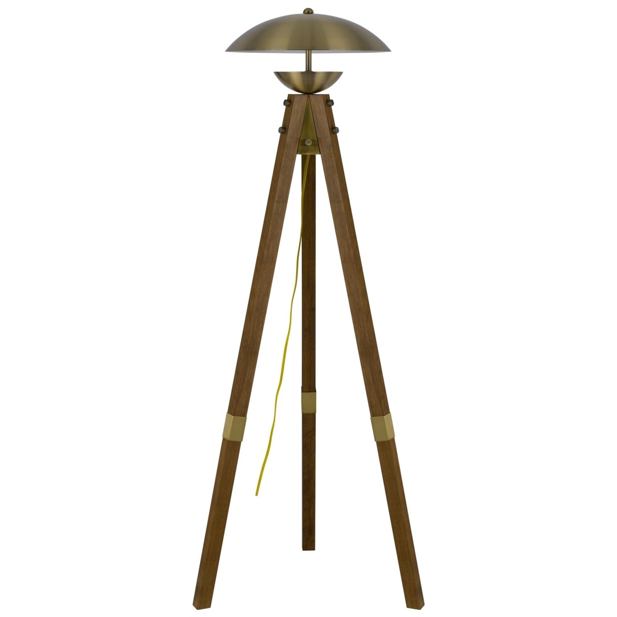 Saltoro Sherpi 55 Inch Wood Tripod Floor Lamp, Half Domed Metal Shade, Antique Brass-