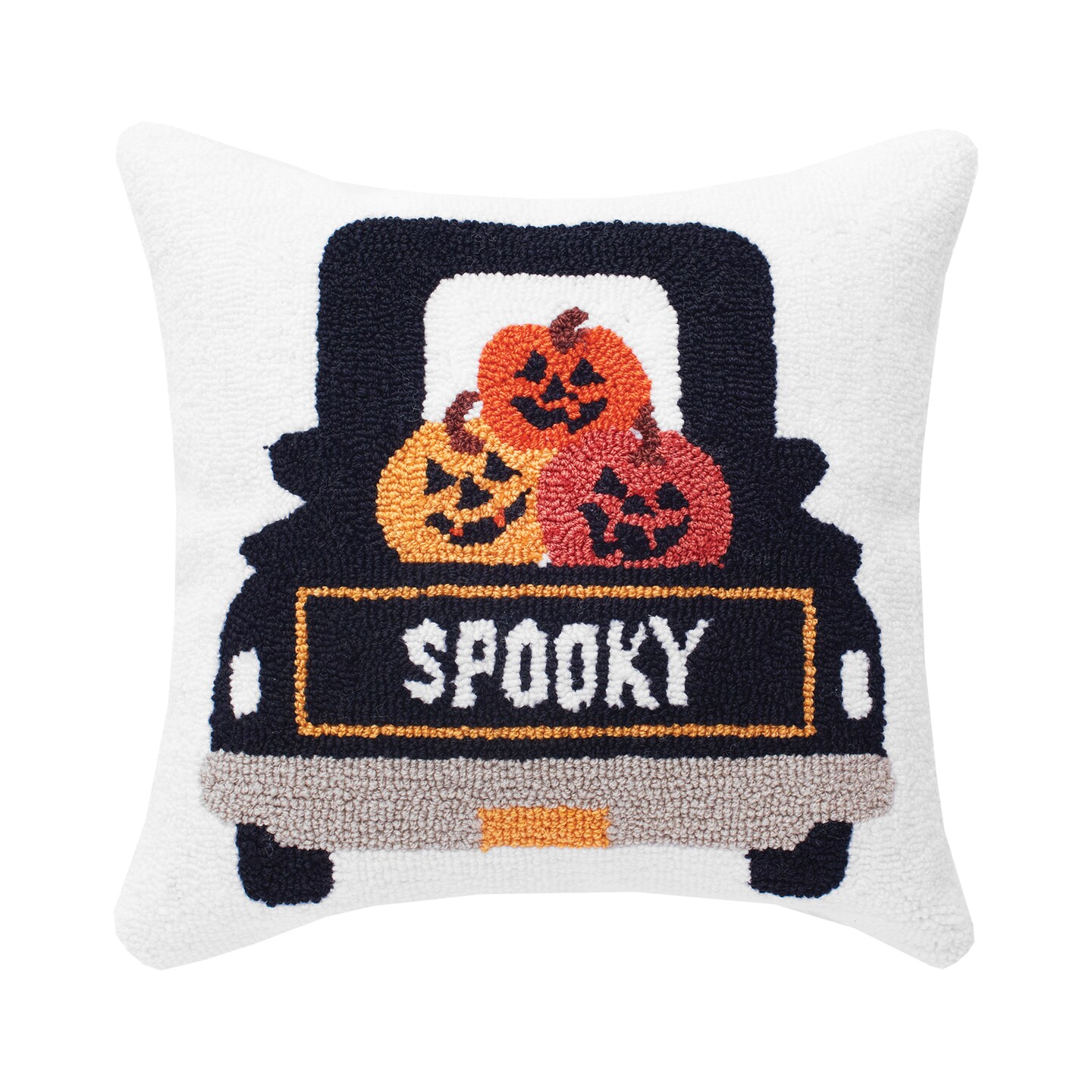 18&#x22; x 18&#x22; Spooky Pumpkin Truck Halloween Hooked Throw Pillow