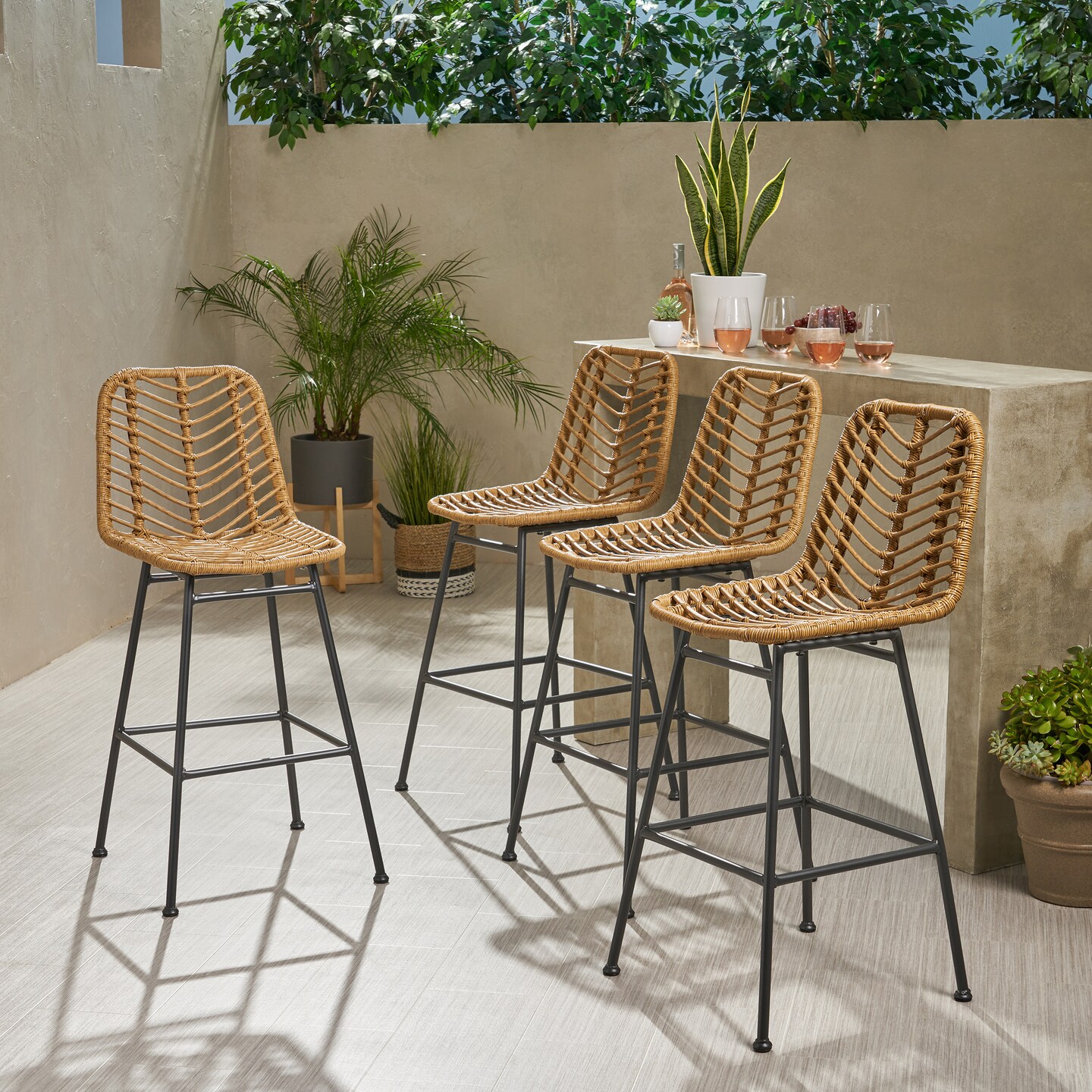 GDFStudio Angela Outdoor Wicker Barstools (Set of 4)