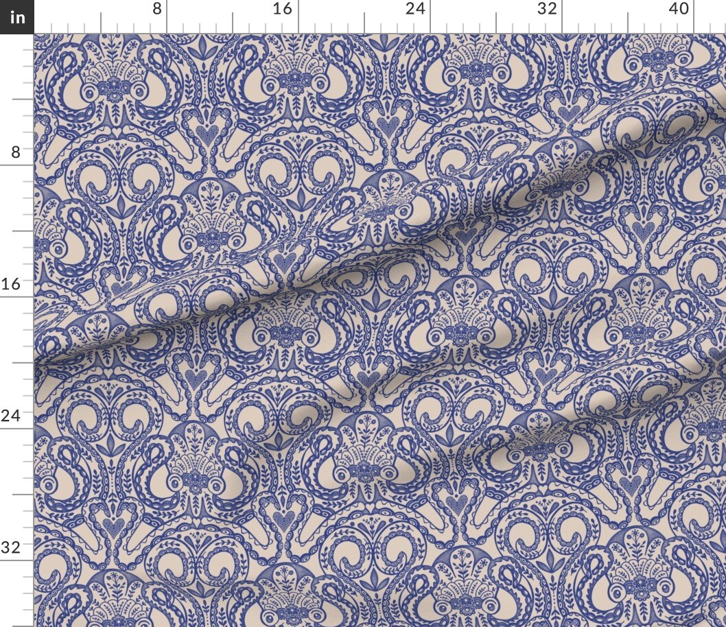 Various Fabrics by the Yard or Fat Quarter Nautical Kraken Ink Blue Tan Ornamental Traditional Underwater Maritime Custom Printed Fabric by Spoonflower