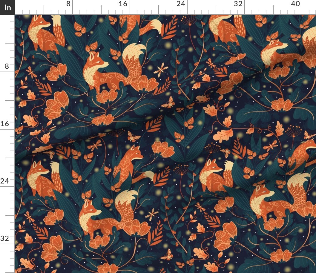 Whimsical Garden Orange Foxes Midnight Blue Firefly Fantasy Custom Printed Fabric by Spoonflower Various Fabrics by the Yard or Fat Quarter