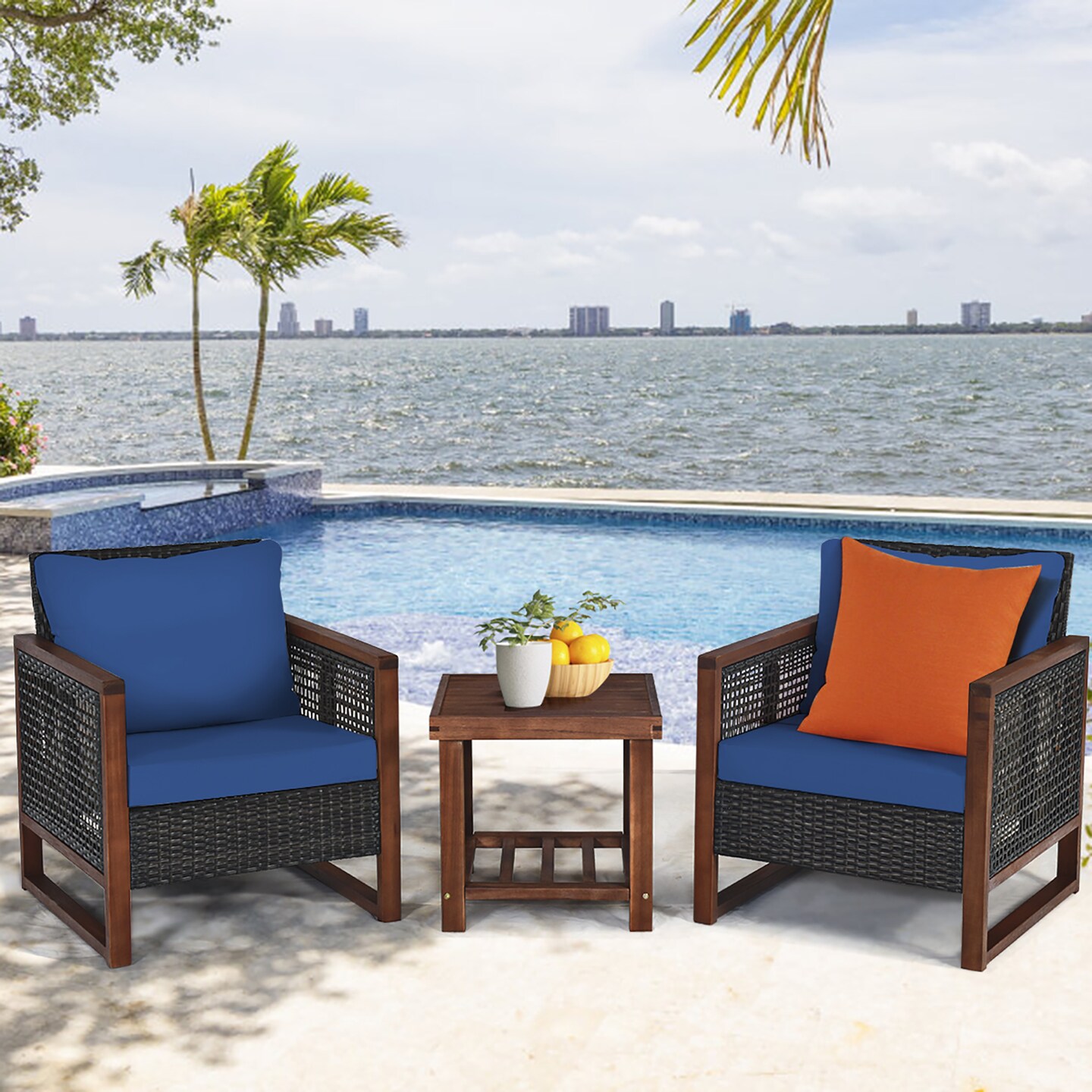 Costway 3PCS Patio Wicker Furniture Set Solid Wood Frame Cushion Sofa w/ Square Table Shelf