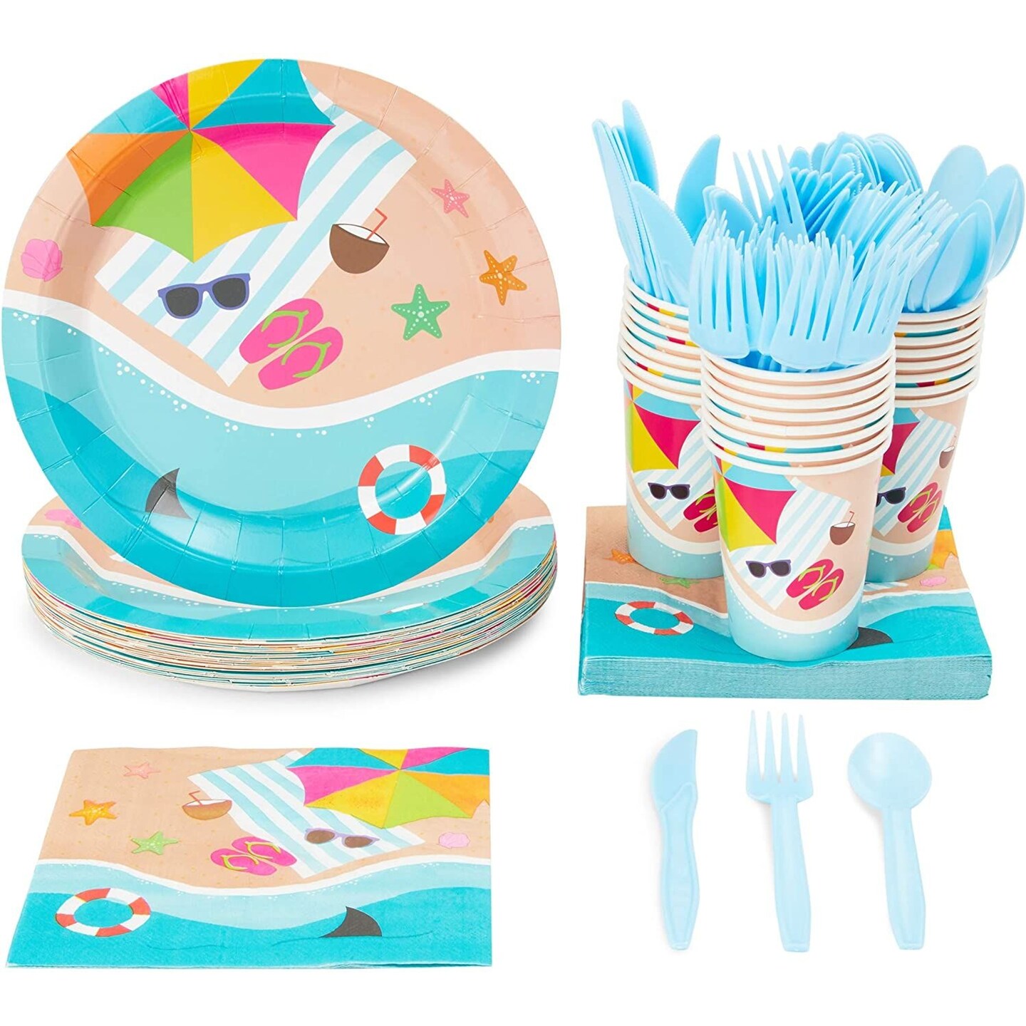 144 Piece Beach Theme Party Supplies, Summer Dinnerware Set with Plates,  Napkins, Cups, and Cutlery (Serves 24)