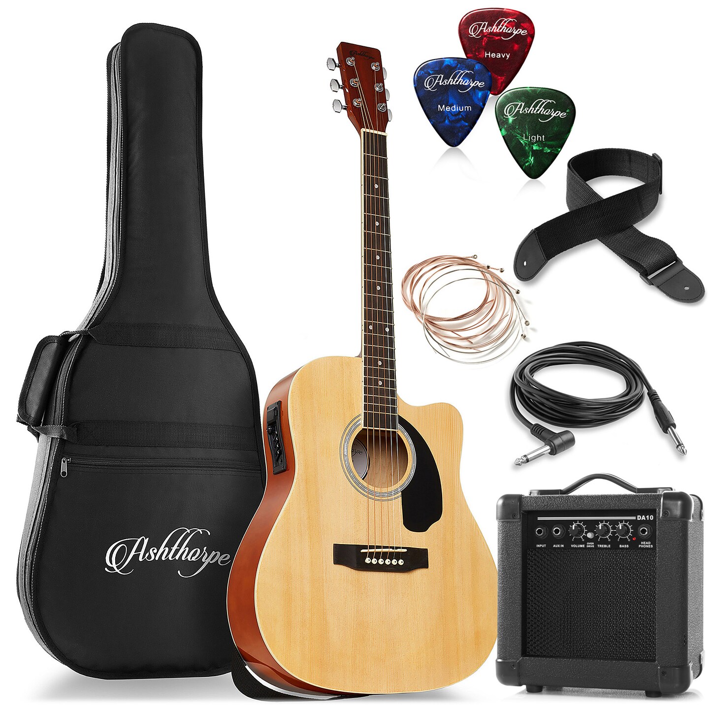 Ashthorpe Full-Size Dreadnought Cutaway Acoustic Electric Guitar Package with 10 Watt Amp