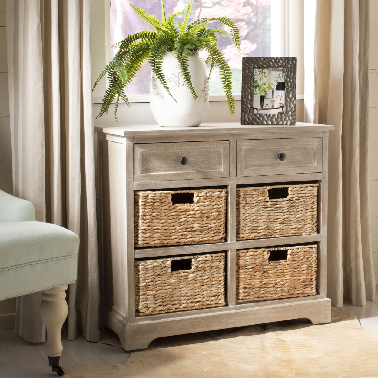 Safavieh   Herman Storage Unit With Wicker Baskets White Washed