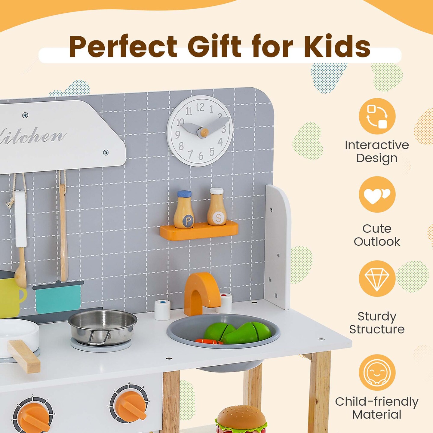 Costway Wooden Kid&#x27;s Play Kitchen Set Pretend Chef Cooking Toy with Cookware Accessories