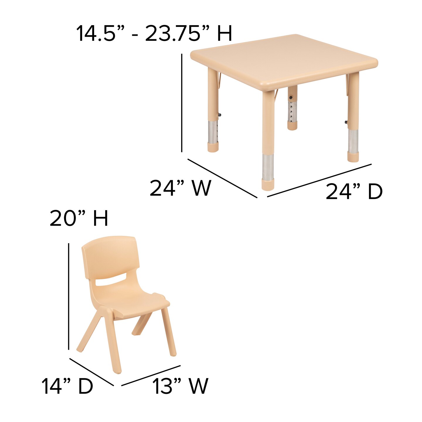 Emma and Oliver 24&#x22; Square Plastic Height Adjustable Activity Table Set with 2 Chairs