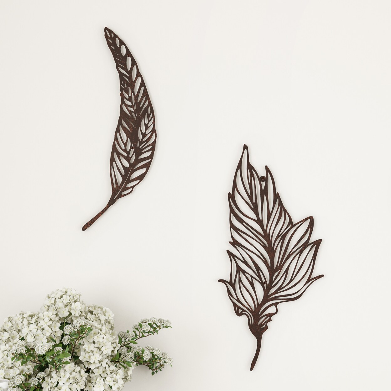 Lavish Home -Set of Two Metal Feather Hanging Wall Art Laser Cut Contemporary Nature Sculpture