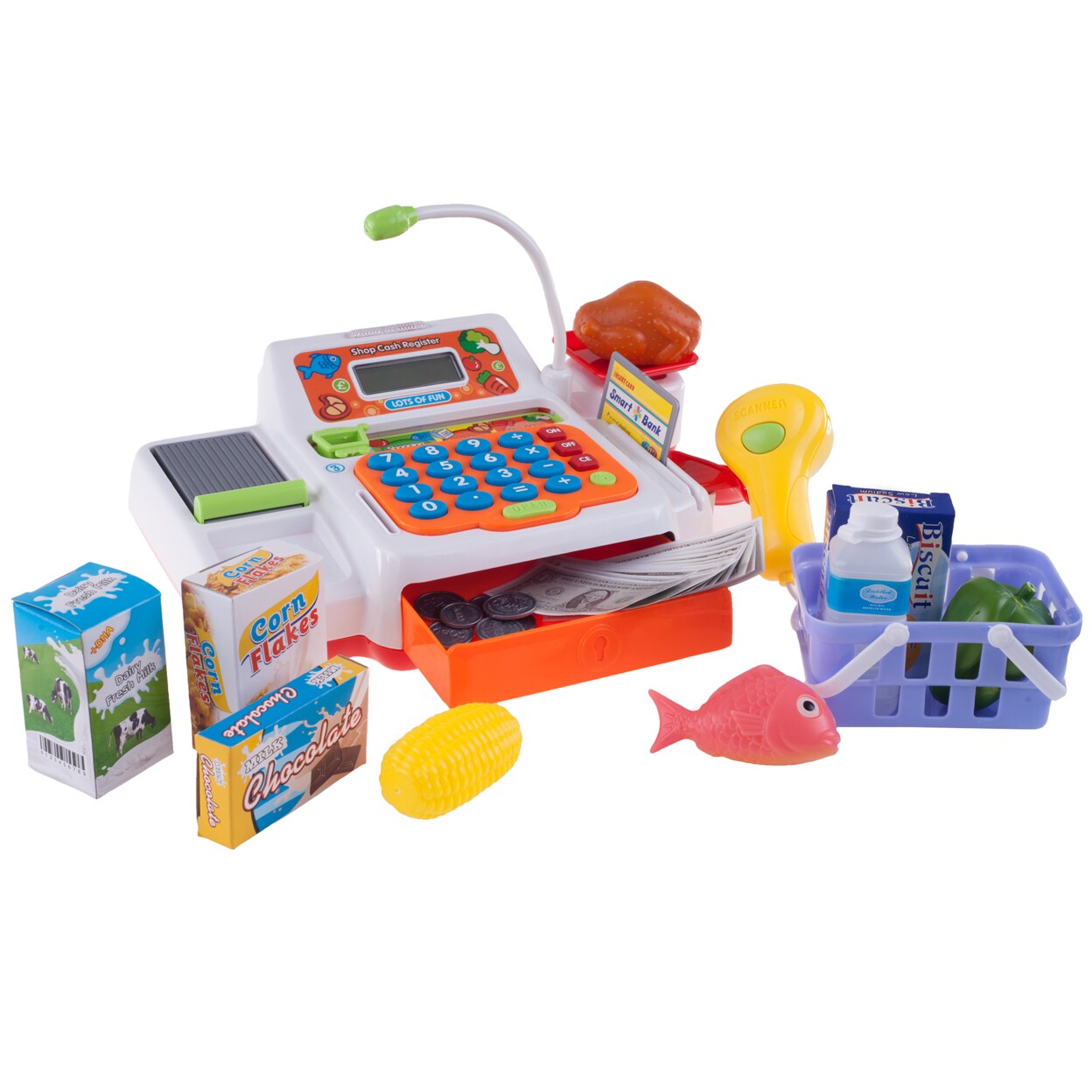 Hey! Play! Cash Register Pretend Grocery Store Play Toy Kids Food Money Basket with Sounds