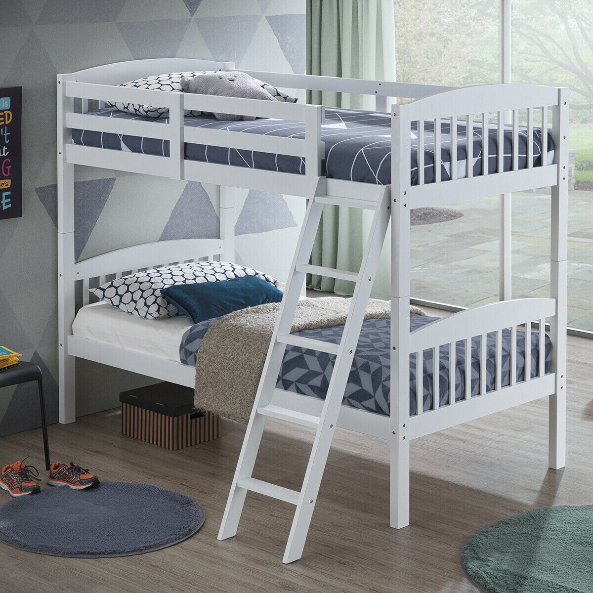 Wood Hardwood Twin Bunk Beds Convertible Into 2 Individual Kid Bed Ladder White
