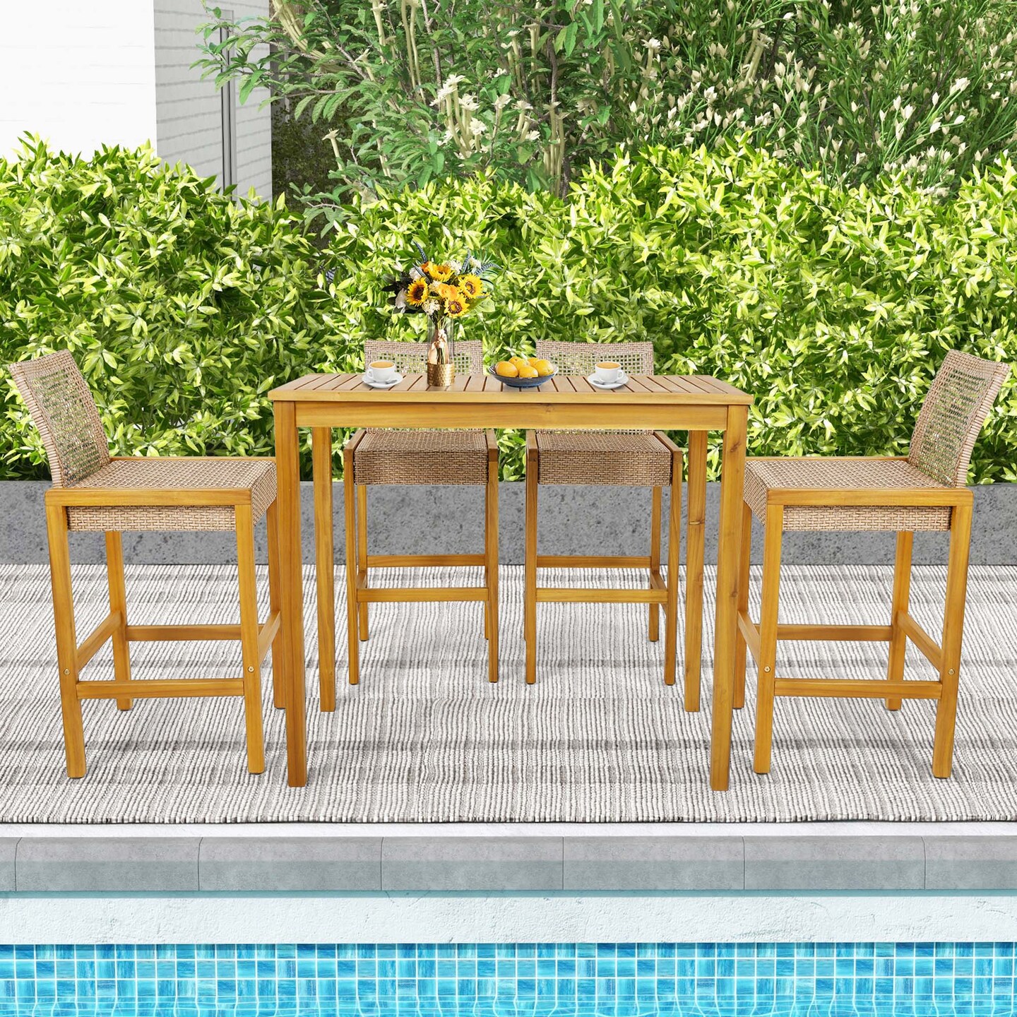 Costway Set of 4 Patio Wood Barstools Rattan Bar Height Chairs with Backrest Porch Balcony