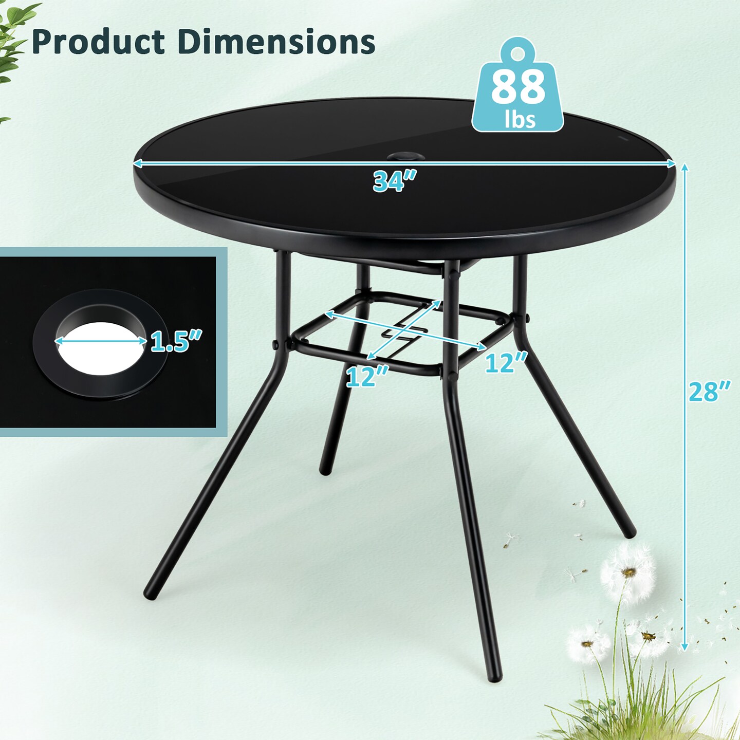 Costway 34 Inch Patio Dining Table Round Tempered Glass Tabletop&#xA0;with 1.5&#x27;&#x27; Umbrella Hole
