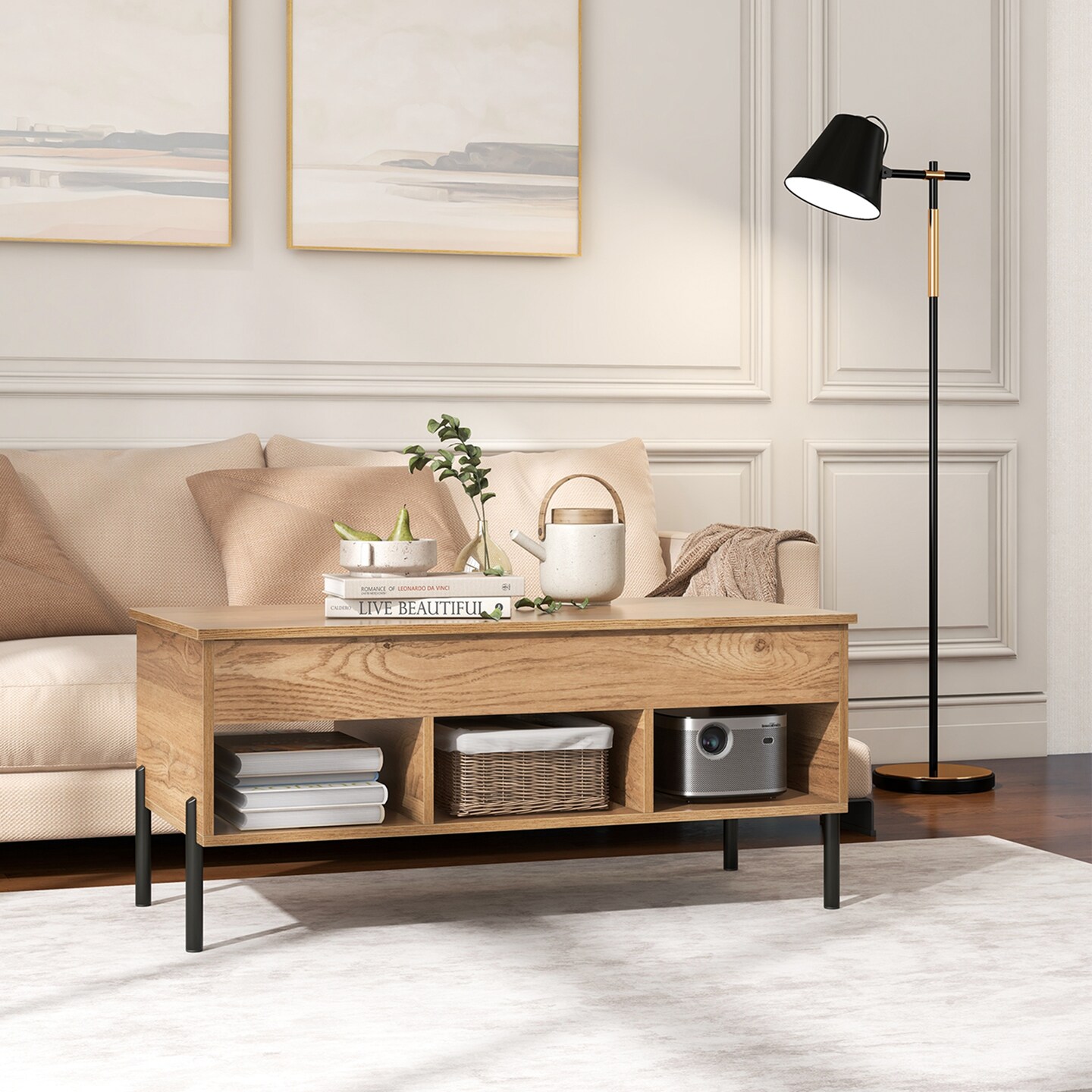 Costway Lift Top Coffee Table with Storage Compartment &#x26; 3 Open Cubbies for Living Room