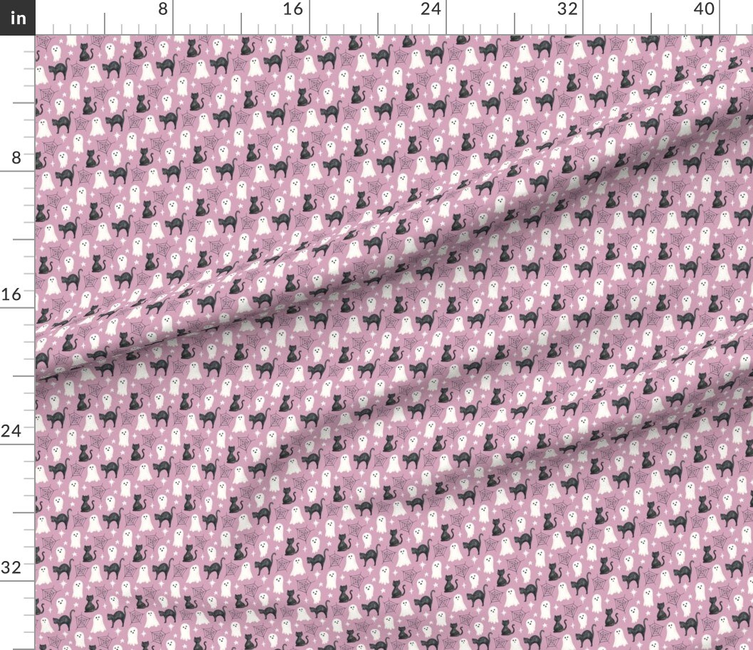 Halloween Spooky Ghosts Black Cat Lilac Purple Cute Small Scale Custom Printed Fabric by Spoonflower Various Fabrics by the Yard or Fat Quarter