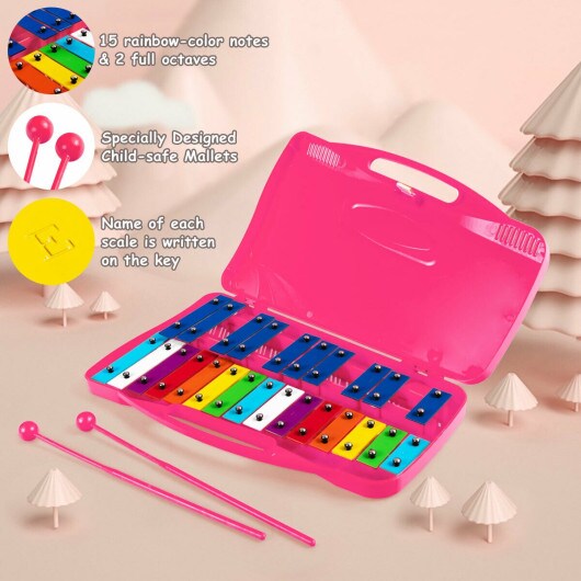 Portable Kids Glockenspiel Chromatic Metal Xylophone with 25 Tunes and 15 Rainbow Color Notes with 2 Full Octaves