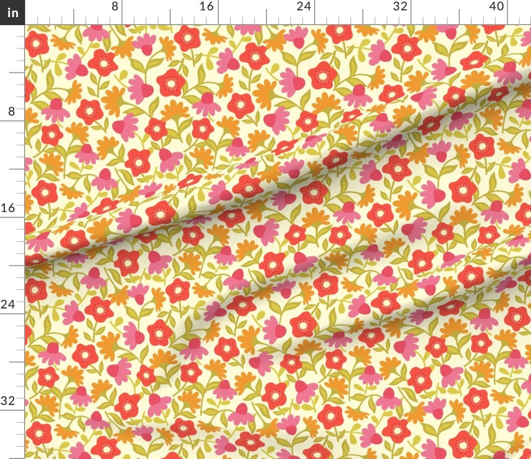 Summer Floral Bright Flowers Spring Wildflower Whimsical Pink Red Orange Custom Printed Fabric by Spoonflower Various Fabrics by the Yard or Fat Quarter